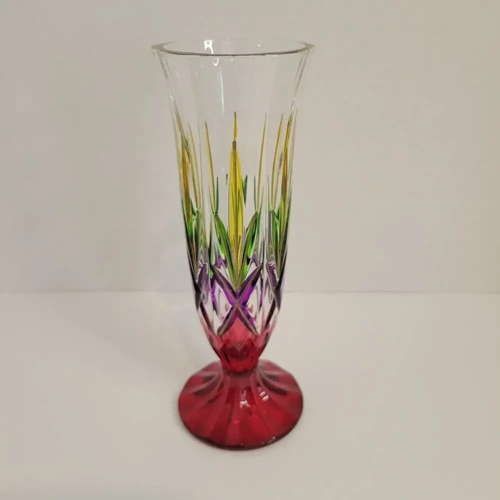Rainbow Multicolor Art Glass Vase – Heavy, Hand‑Cut, Gold Accents – Unmarked